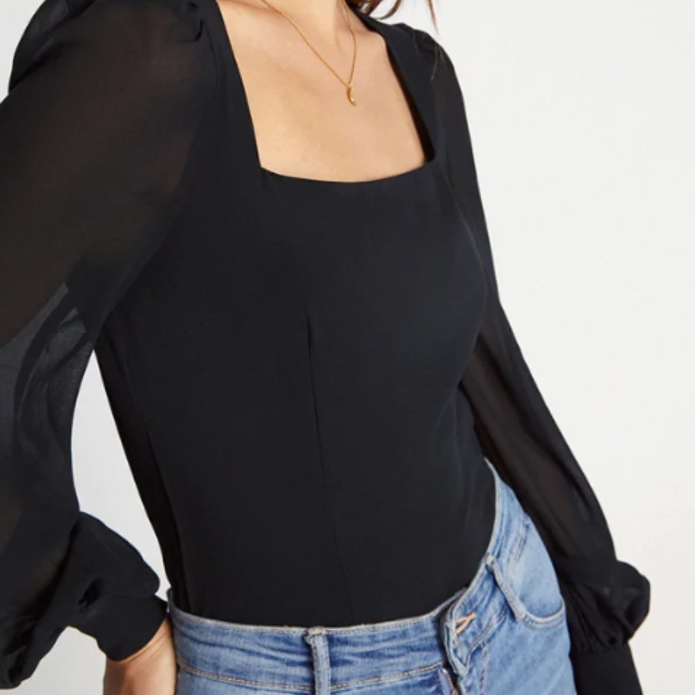 Mesh Puff Sleeve Square Neck Top
